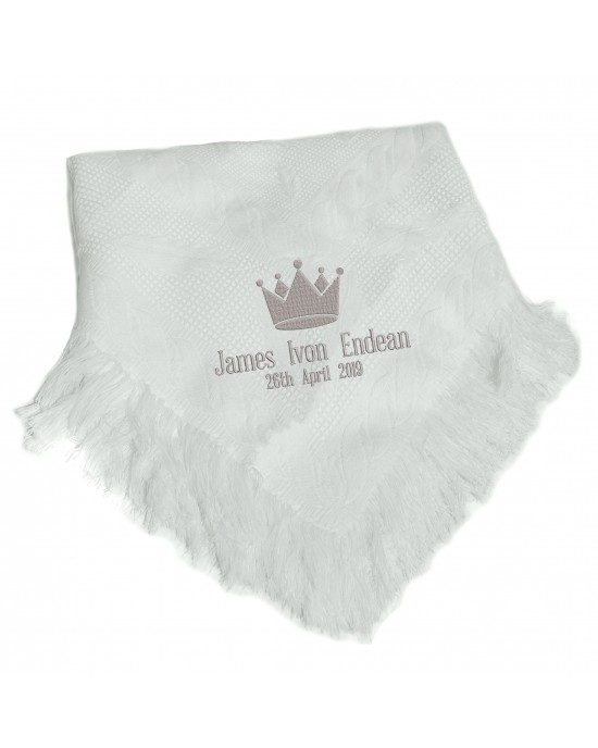 Personalised Baby Christening  Shawl, Blanket, Beautifully Embroidered Crown Design