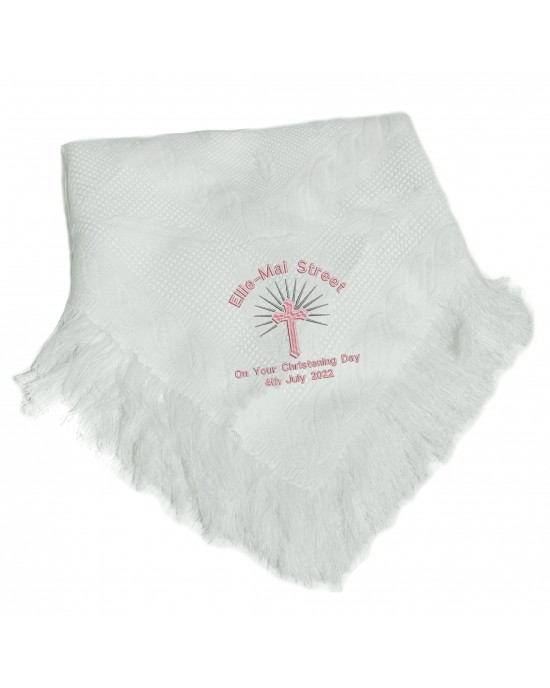 Personalised Baby Shawl, Blanket, Beautiful Embroidered Cross ,Your Choice of Thread Colour with Contrasting Silver Design