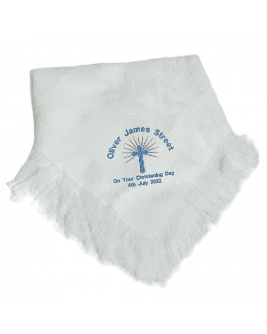 Personalised Baby Shawl, Blanket, Beautiful Embroidered Cross ,Your Choice of Thread Colour with Contrasting Silver Design