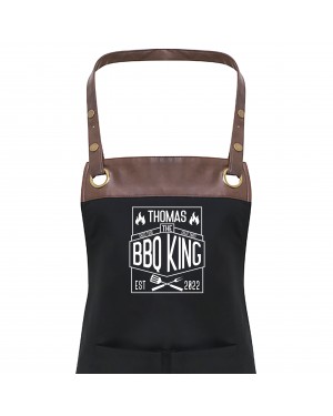 Premier Faux leather Trim Mens King Of The Grill Personalised BBQ Apron, Apron With Pockets Premier Faux leather Trim Mens King Of The Grill Personalised BBQ Apron, Apron With Pockets