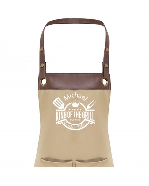 Premier Faux leather Trim  Mens King Of The Grill Personalised BBQ Apron, Apron With Pockets Premier Faux leather Trim  Mens King Of The Grill Personalised BBQ Apron, Apron With Pockets