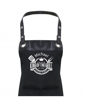 Premier Faux leather Trim  Mens King Of The Grill Personalised BBQ Apron, Apron With Pockets Premier Faux leather Trim  Mens King Of The Grill Personalised BBQ Apron, Apron With Pockets