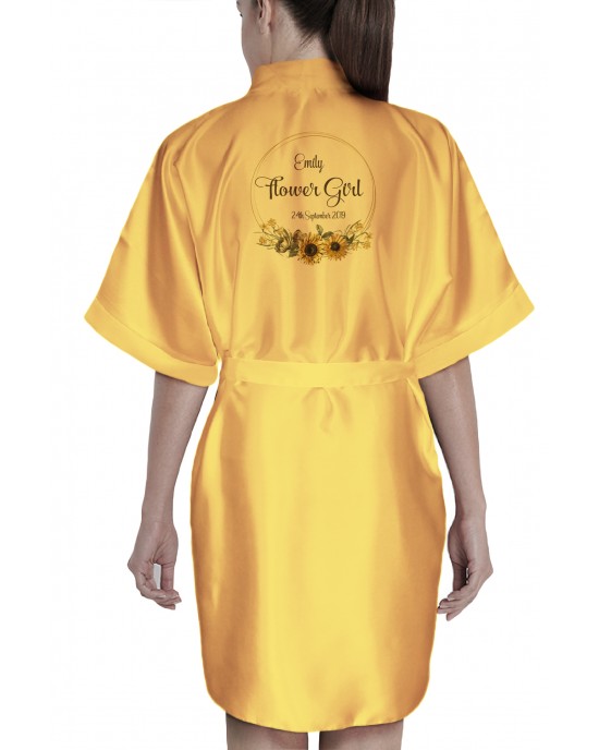 Personalised Satin Kimono Robe Printed with a pretty border of sunflowers 