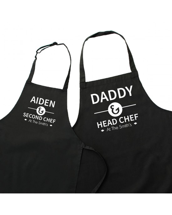 Personalised Cooking Apron Set. Head Chef & Second Chef Dad & Kids Cooking Apron