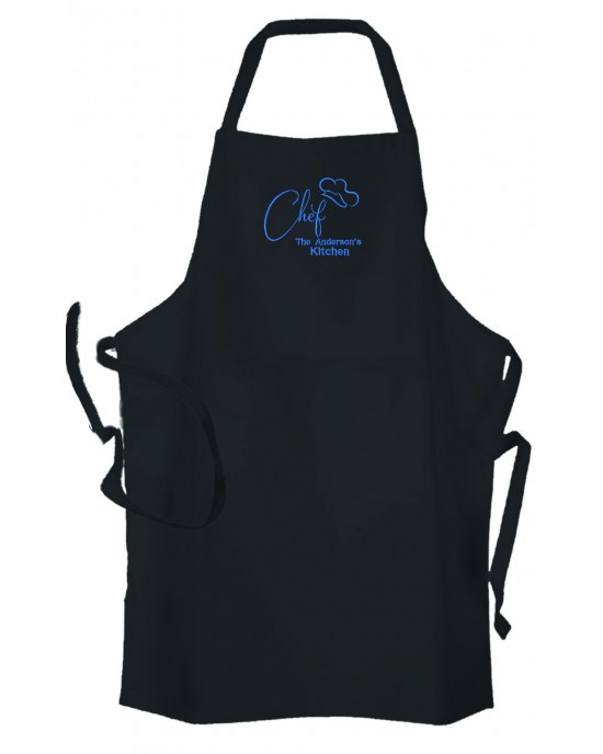  Personalised ,Premium Black Apron  A Lovely Embroidery Chef Design. Family Name Added