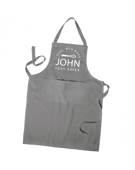 Personalised Real Men Bake cooking apron. Personalised with their name in Colours With Pockets