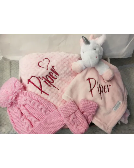 Personalised New Baby Gift Set, Super Soft Waffle Wrap, with Comforter, Hat & Mittens, New Baby Gift Personalised New Baby Gift Set, Super Soft Waffle Wrap, with Comforter, Hat & Mittens, New Baby Gift