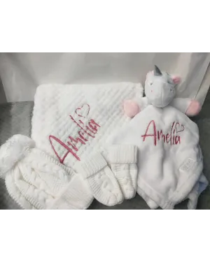 Personalised New Baby Gift Set, Super Soft Waffle Wrap, with Comforter, Hat & Mittens, New Baby Gift