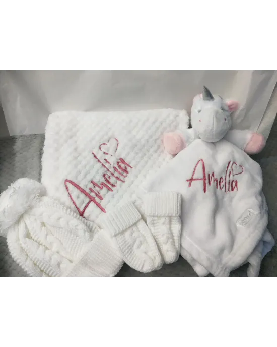 Personalised New Baby Gift Set, Super Soft Waffle Wrap, with Comforter, Hat & Mittens, New Baby Gift Personalised New Baby Gift Set, Super Soft Waffle Wrap, with Comforter, Hat & Mittens, New Baby Gift