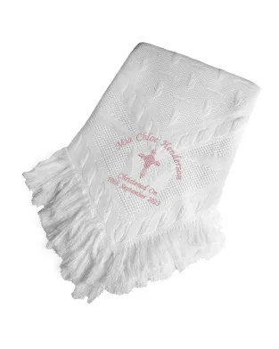 Personalised Embroidered Pretty White Traditional Knitted shawl Christening Baby Shawl. Choice Of Cross Designs