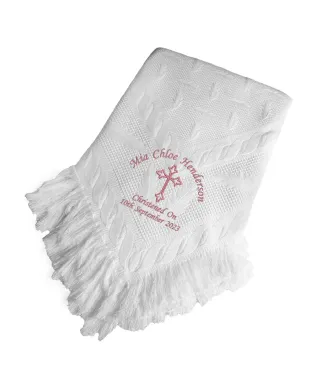 Personalised Embroidered Pretty White Traditional Knitted shawl Christening Baby Shawl. Choice Of Cross Designs