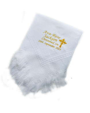 Personalised Embroidered Christening Baby Shawl. Pretty White Traditional Knitted shawl