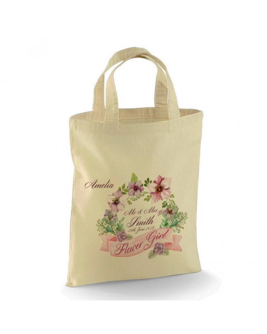 Floral Water Colour Personalised Wedding Favour Cotton Tote Bag Wedding Party . Available in two sizes.