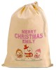 Christmas Comic Snowman Trio Present Gift Sack. Natural Cotton Drawstring Stuff Bag, Change any text to personalise.