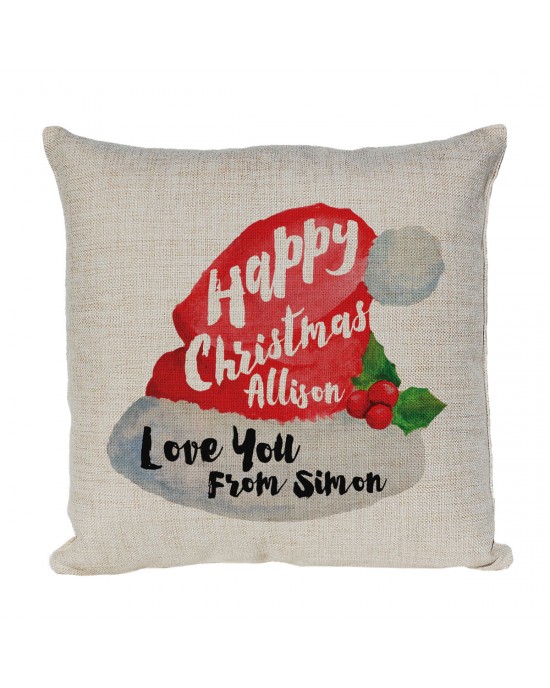 Personalised cushion Xmas Gift for a special person at Christmas with Santa Hat Design.