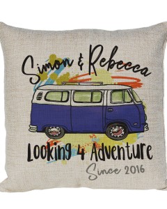 Personalised Linen cushion Printed with a Vintage Camper Van Design in colours