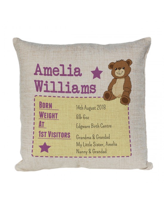 Personalised Cushion. Perfect for recording the details for the little ones birth
