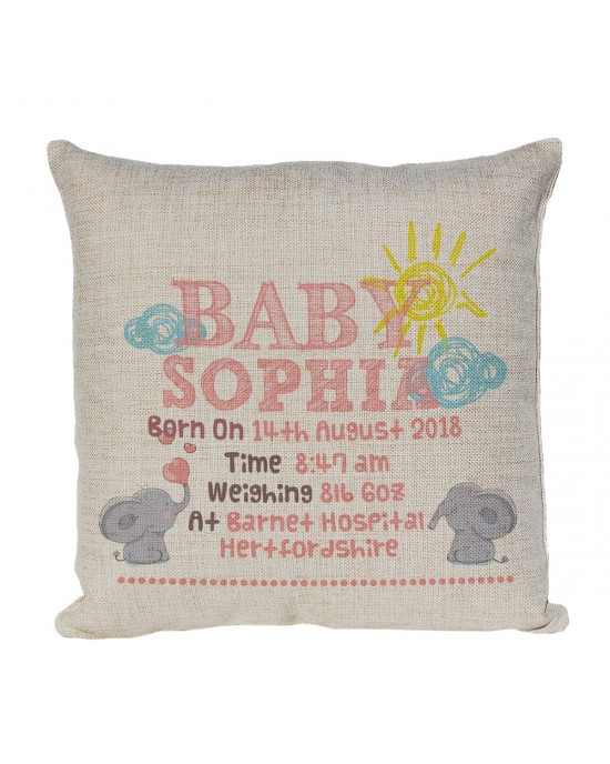 Personalised Cushion. Cute Little Elephants Perfect for recording the details for the little ones birth