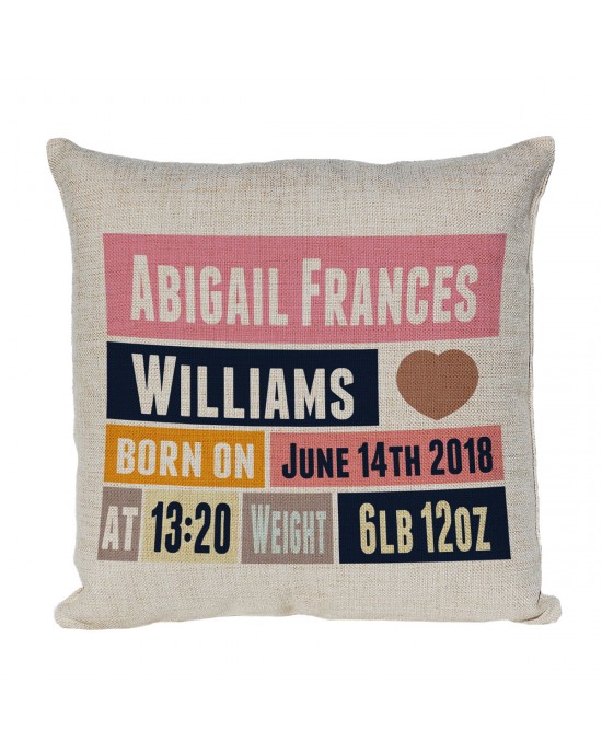 Personalised New Born Cushion. Celebrating the arrival of your new baby, a christening or birthday.