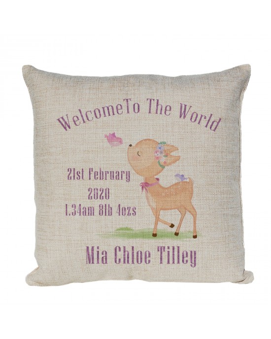 Personalised Cute Little dear Welcome to the world Linen cushion New Born Baby Girl Keepsake