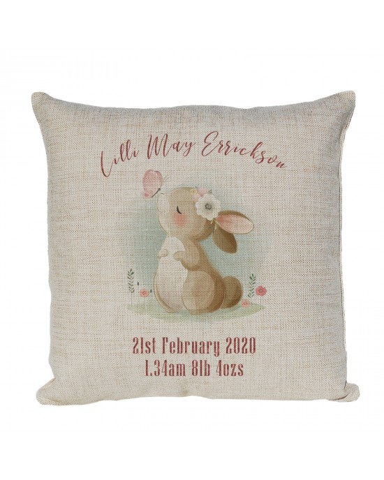 Personalised Cute Little Rabbit, Linen New Born Baby Girl Keepsake cushion
