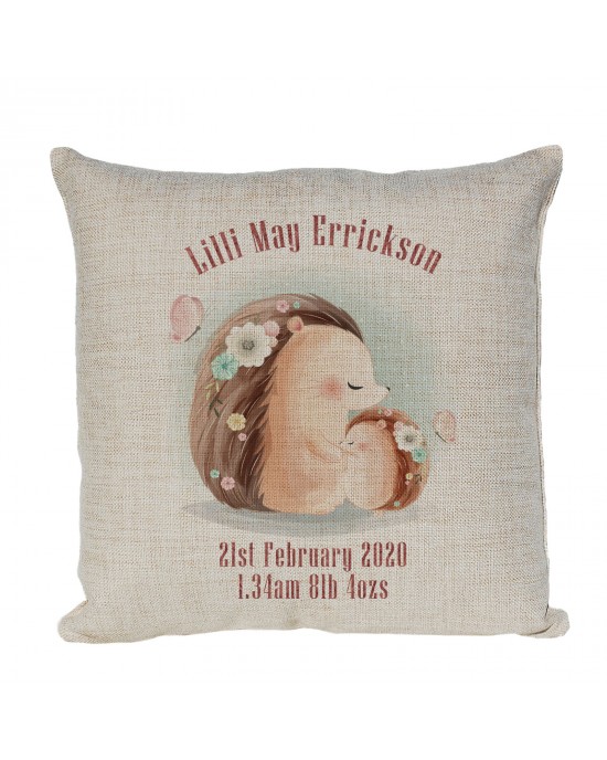 Personalised Cute Little Hedgehog, Linen New Born Baby Girl Keepsake cushion