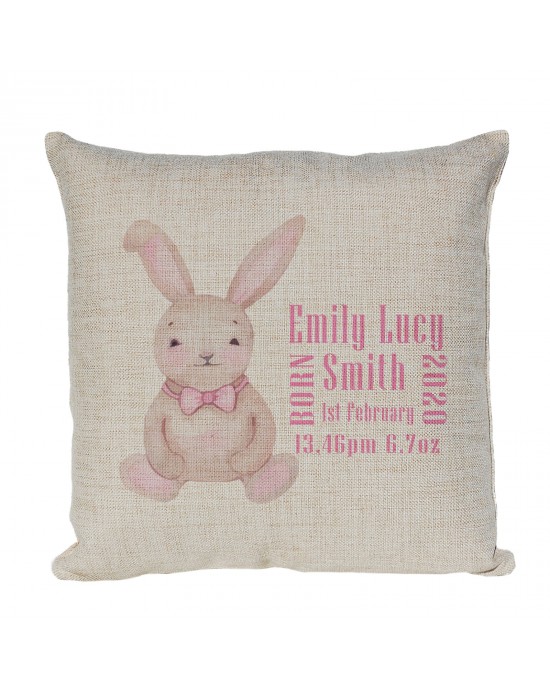 Personalised Cute Little Rabbit, Linen New Born Baby Girl Keepsake cushion