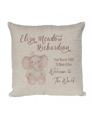 Personalised Cute Little Elephant, Linen New Born Baby Girl Keepsake cushion Personalised Cute Little Elephant, Linen New Born Baby Girl Keepsake cushion