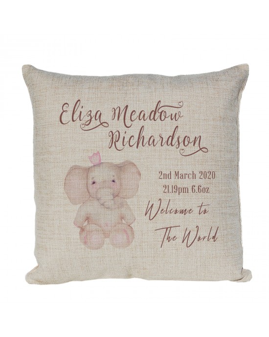 Personalised Cute Little Elephant, Linen New Born Baby Girl Keepsake cushion
