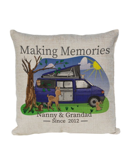 Personalised T4 Camper Van Cushion, Motor home cushion Hand Drawn Cartoon Campsite. Re-coloured To Your Van