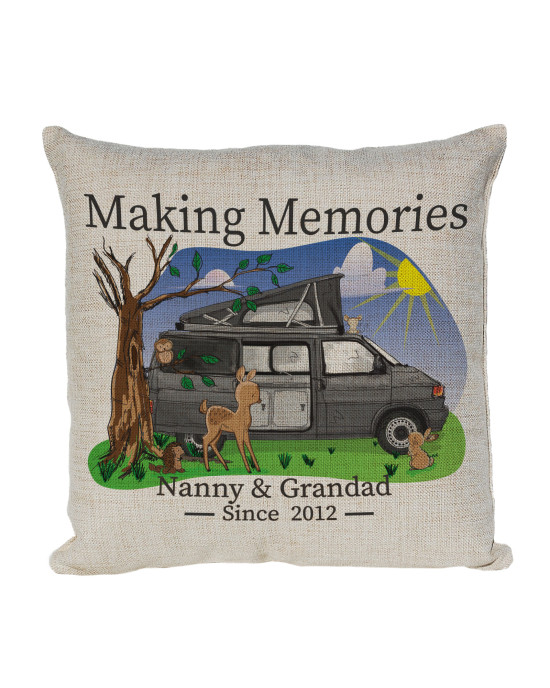 Personalised T4 Camper Van Cushion, Motor home cushion Hand Drawn Cartoon Campsite. Re-coloured To Your Van