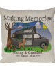 Personalised T4 Camper Van Cushion, Motor home cushion Hand Drawn Cartoon Campsite. Re-coloured To Your Van