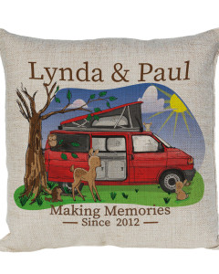 Personalised T4 Camper Van Cushion, Motor home cushion Hand Drawn Cartoon Campsite. Re-coloured To Your Van