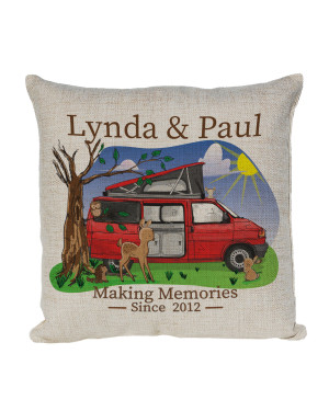 Personalised T4 Camper Van Cushion, Motor home cushion Hand Drawn Cartoon Campsite. Re-coloured To Your Van Personalised T4 Camper Van Cushion, Motor home cushion Hand Drawn Cartoon Campsite. Re-coloured To Your Van