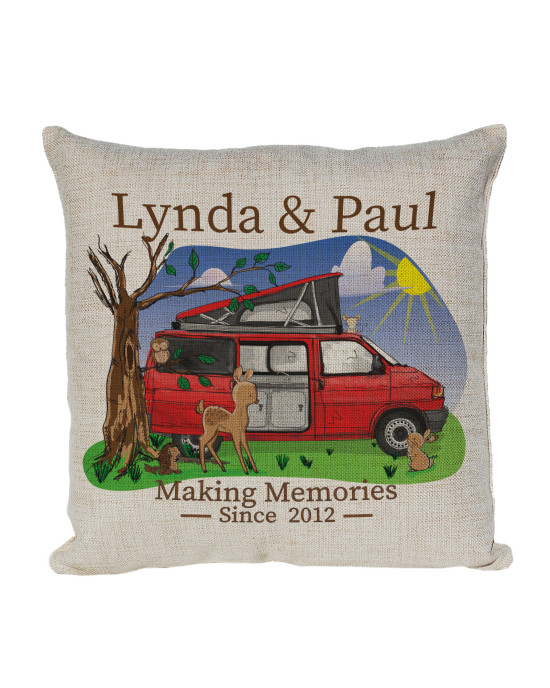 Personalised T4 Camper Van Cushion, Motor home cushion Hand Drawn Cartoon Campsite. Re-coloured To Your Van