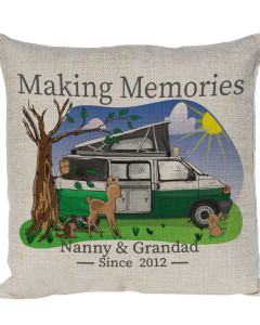 Personalised T4 Camper Van Cushion, Motor home cushion Hand Drawn Cartoon Campsite. Re-coloured To Your Van