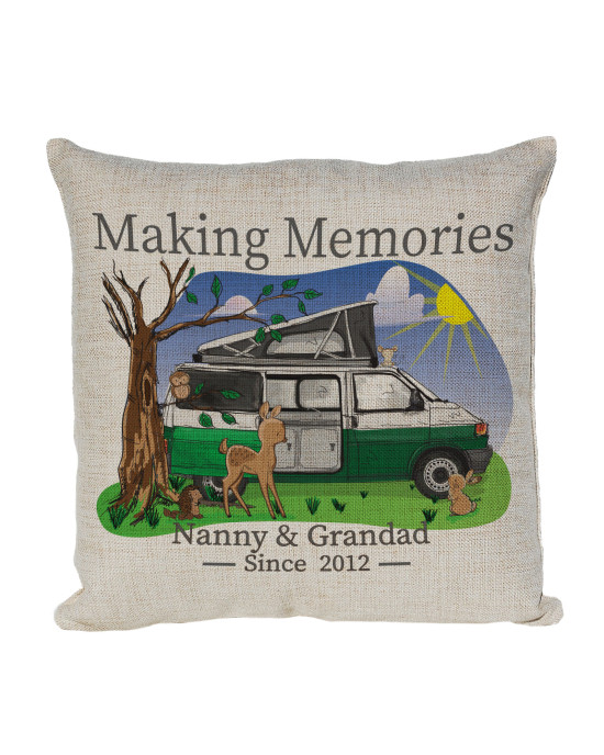 Personalised T4 Camper Van Cushion, Motor home cushion Hand Drawn Cartoon Campsite. Re-coloured To Your Van