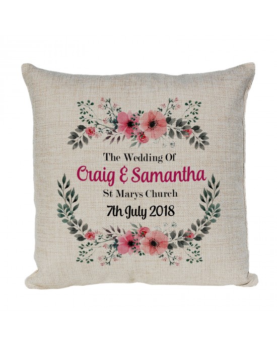 Personalised Wedding Cushion Gift for the happy couple. Printed Floral Border