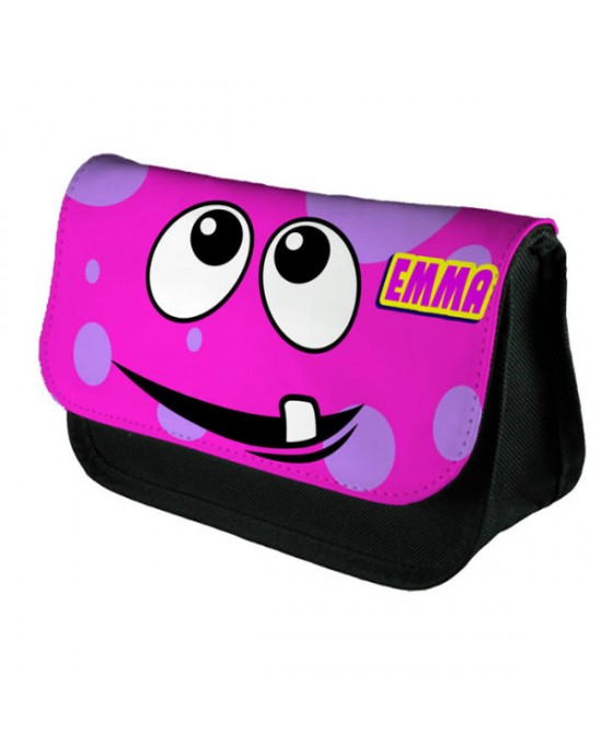 Personalised Funny Face Pink Spotty Stationary Case, Make up Bag. Great Gift For School