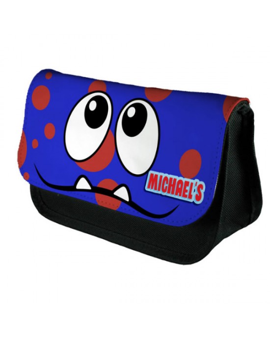 Personalised Funny Face Blue & Red Spotty Stationary Case, Make up Bag. Great Gift For School