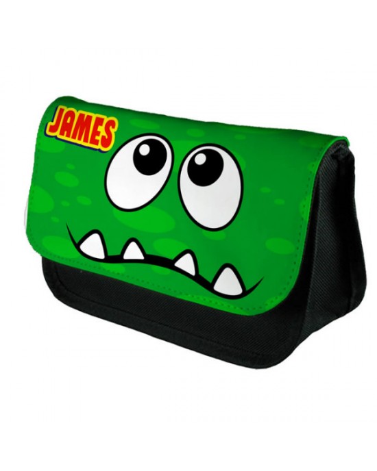 Personalised Funny Face Green Spotty Stationary Case, Make up Bag. Great Gift For School