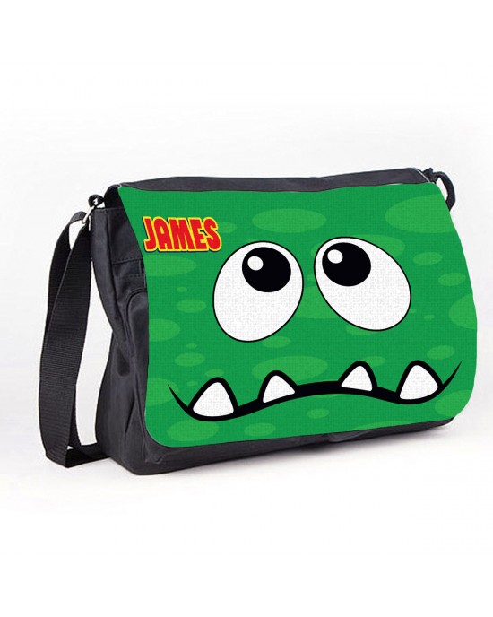 Personalised Funny face Green Spotty Messenger / School / Sleepover Bag.
