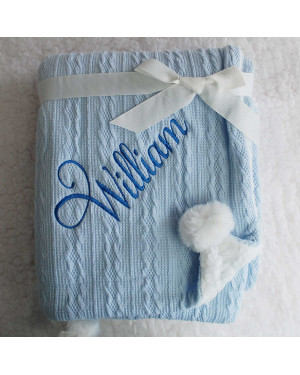 Personalised Embroidered Super Snuggly Cable knit Blanket wrap with pom pom's & sherpa back, New Born Baby Boy, Baby Girl Blanket, Optional Gift Bag Personalised Embroidered Super Snuggly Cable knit Blanket wrap with pom pom's & sherpa back, New Born Baby Boy, Baby Girl Blanket, Optional Gift Bag