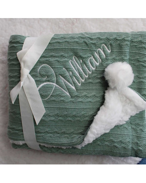 Personalised Embroidered Super Snuggly Cable knit Blanket wrap with pom pom's & sherpa back, New Born Baby Boy, Baby Girl Blanket, Optional Gift Bag Personalised Embroidered Super Snuggly Cable knit Blanket wrap with pom pom's & sherpa back, New Born Baby Boy, Baby Girl Blanket, Optional Gift Bag