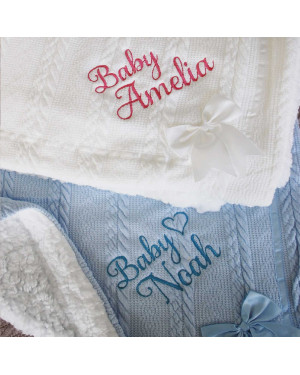 Personalised Embroidered Super Snuggly Cable knit Baby Blanket with a Satin Bow & sherpa back, New Born Baby Boy, Baby Girl Blanket, Baby Shower Gift Personalised Embroidered Super Snuggly Cable knit Baby Blanket with a Satin Bow & sherpa back, New Born Baby Boy, Baby Girl Blanket, Baby Shower Gift