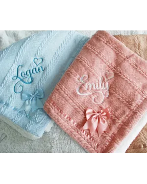 Personalised Embroidered Super Snuggly Cable knit Baby Blanket with a Satin Bow & sherpa back, New Born Baby Boy, Baby Girl Blanket, Baby Shower Gift Personalised Embroidered Super Snuggly Cable knit Baby Blanket with a Satin Bow & sherpa back, New Born Baby Boy, Baby Girl Blanket, Baby Shower Gift