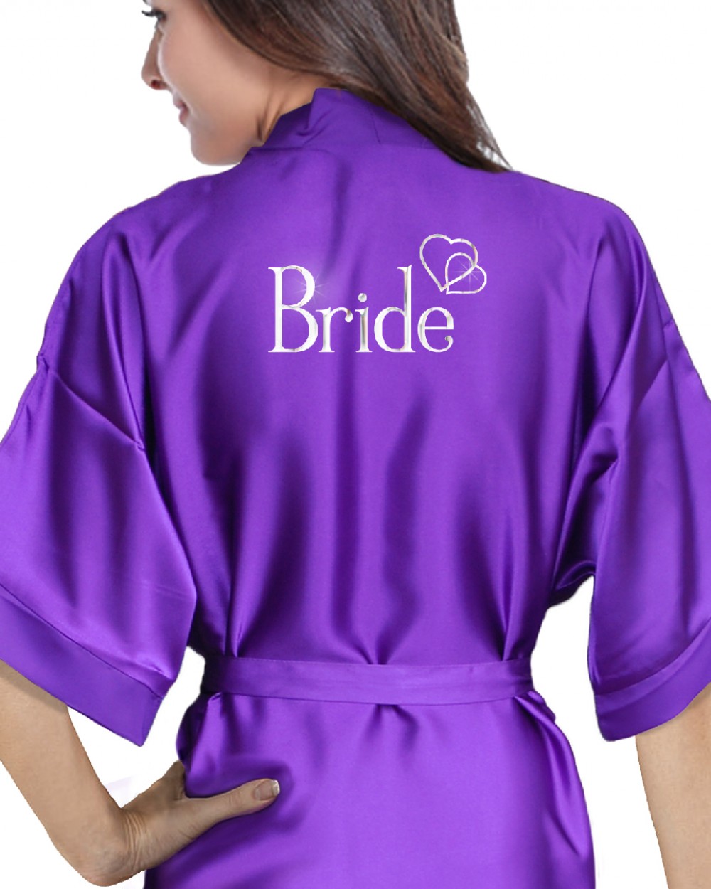 Silver Robe Hprints Wedding personalised satin robe in purple. Hearts design silver For you ...