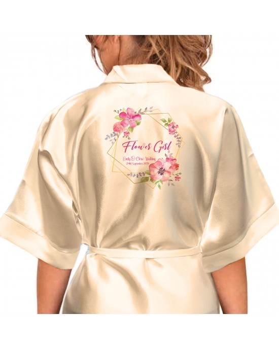 Personalised Satin Kimono Robe Printed with a pretty floral border, 