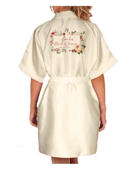 Personalised Elegant Satin Robe For All The Wedding Party Bride, Bridesmaid, Flower Girl Flowers/ Butterfly Boarder