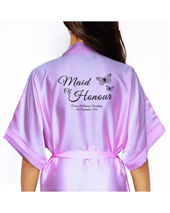 Butterfly's Design Black Print Personalised Satin Robe. Colours Available. Wedding Robe For Bridesmaid. Flower Girl
